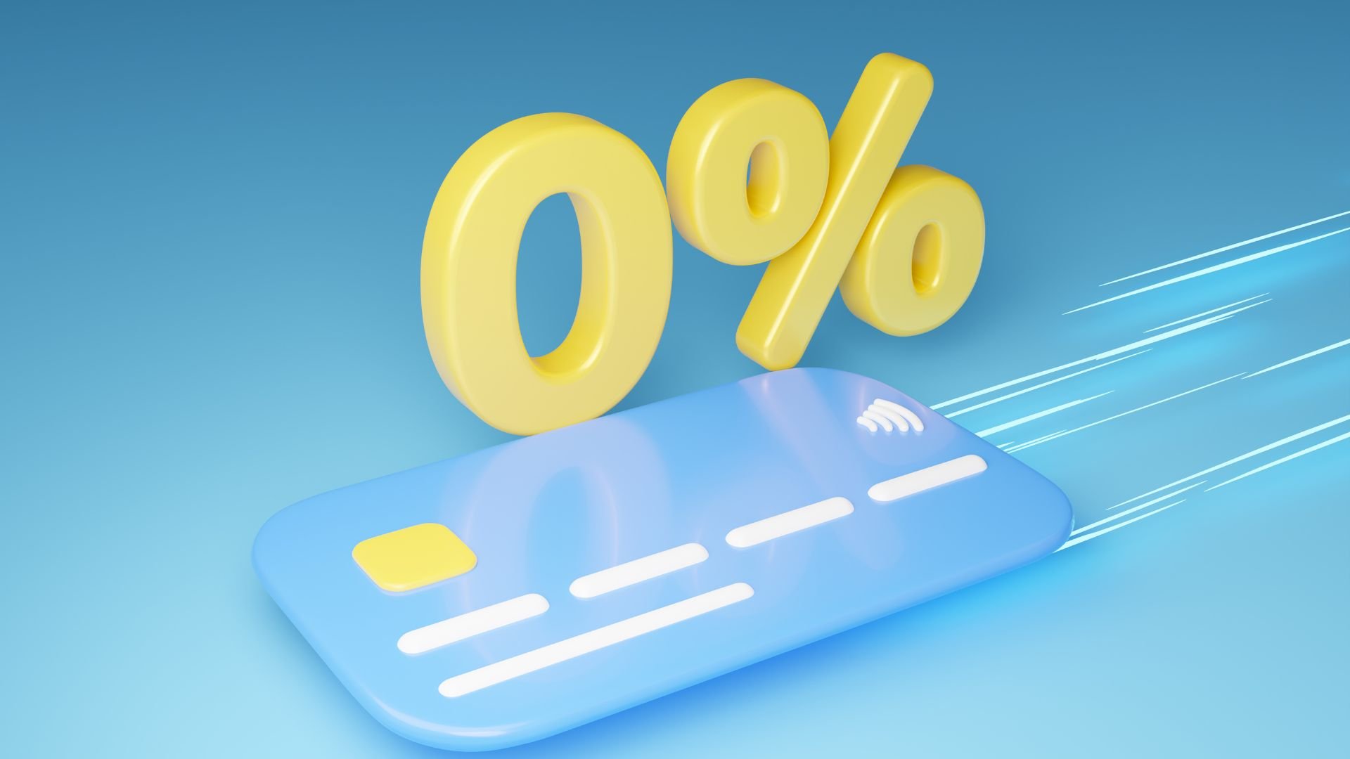 Zero percent interest rate on blue credit card with yellow numbers
