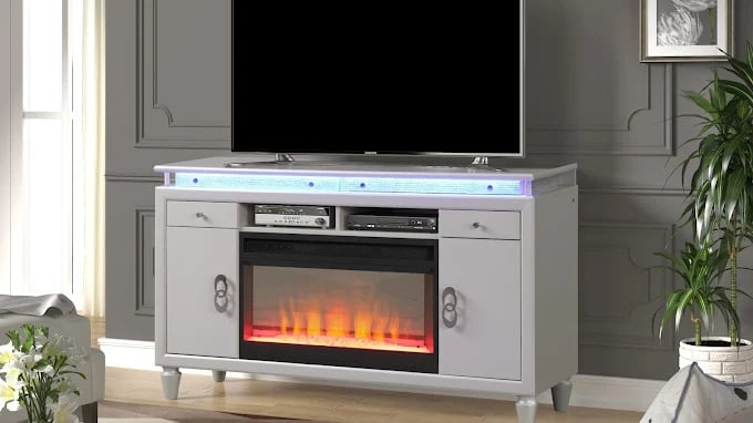 Modern white TV stand with electric fireplace and blue LED lighting