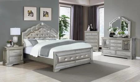 Elegant silver bedroom set with tufted headboard and matching furniture
