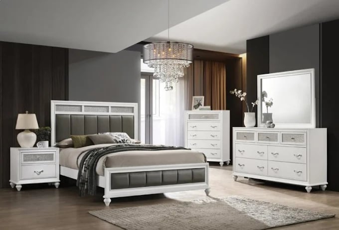 Elegant white and gray bedroom set with crystal chandelier